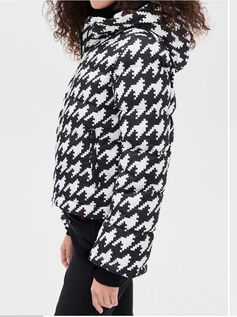 Perfect Moment Women's Houndstooth Puffer Jacket with Hood - flare sleeve